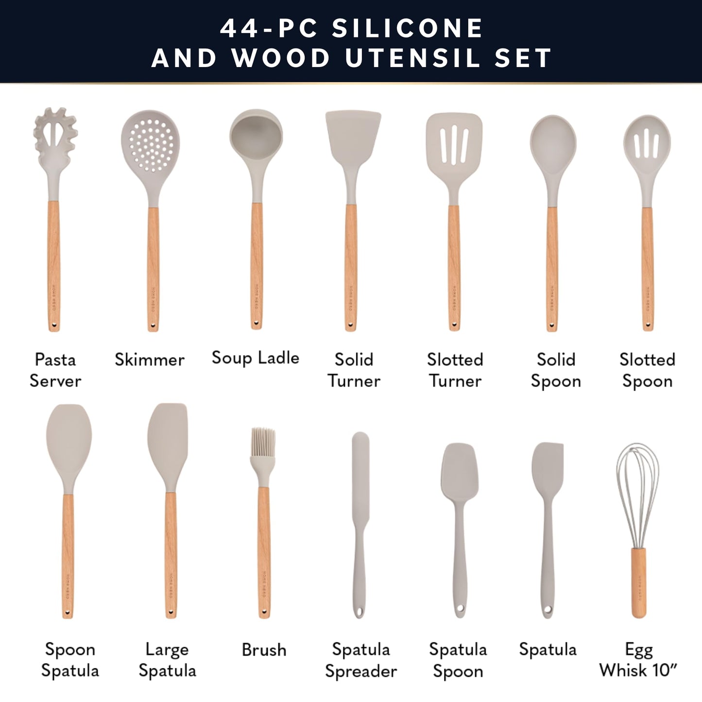 Home Hero 44 Pcs Silicone Kitchen Utensils Set, Non-Stick Silicone Cooking Utensils Set with Spatula, Wooden Handle Spatula, Silicone Kitchen Gadgets Utensil Set (44 Pcs - Stone)