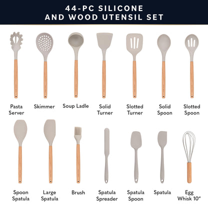 Home Hero 44 Pcs Silicone Kitchen Utensils Set, Non-Stick Silicone Cooking Utensils Set with Spatula, Wooden Handle Spatula, Silicone Kitchen Gadgets Utensil Set (44 Pcs - Stone)