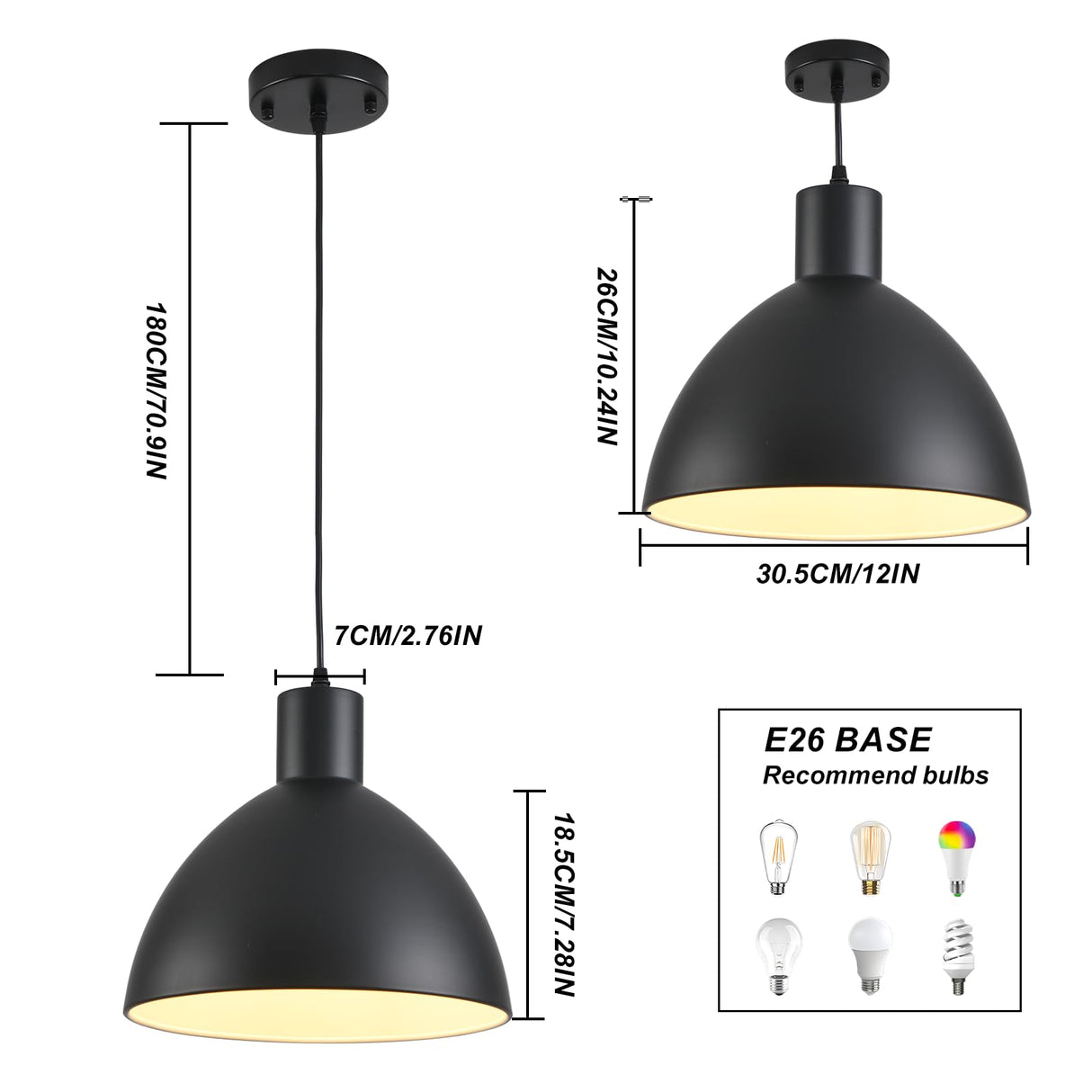 GRUSTRUST 2 Pack Dome Pendant Light, Black Vintage Chandelier Farmhouse 12" Large Pendant Light, Modern Adjustable Hanging Light Fixture,for Kitchen Island,Industrial Dining Room,Coffee Bar GRUSTRUST