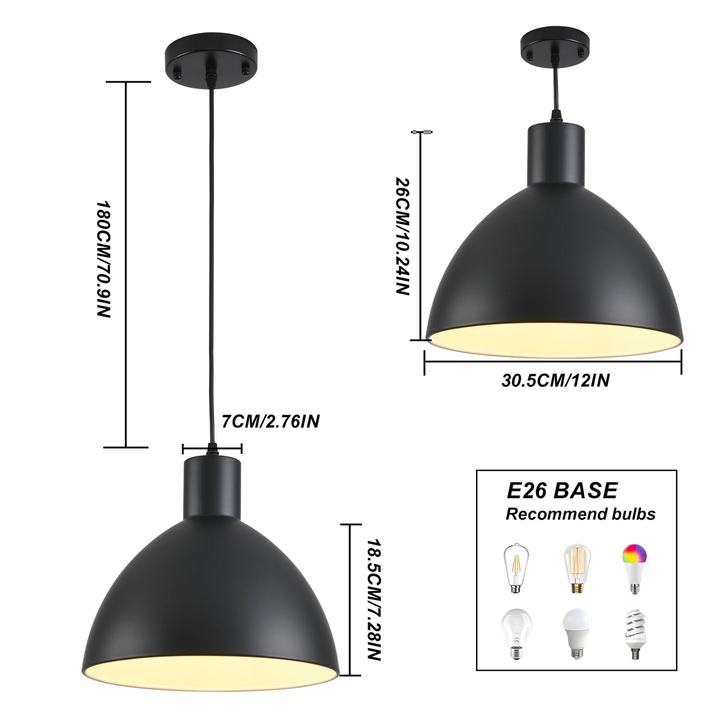 GRUSTRUST 2 Pack Dome Pendant Light, Black Vintage Chandelier Farmhouse 12" Large Pendant Light, Modern Adjustable Hanging Light Fixture,for Kitchen Island,Industrial Dining Room,Coffee Bar - WoodArtSupply