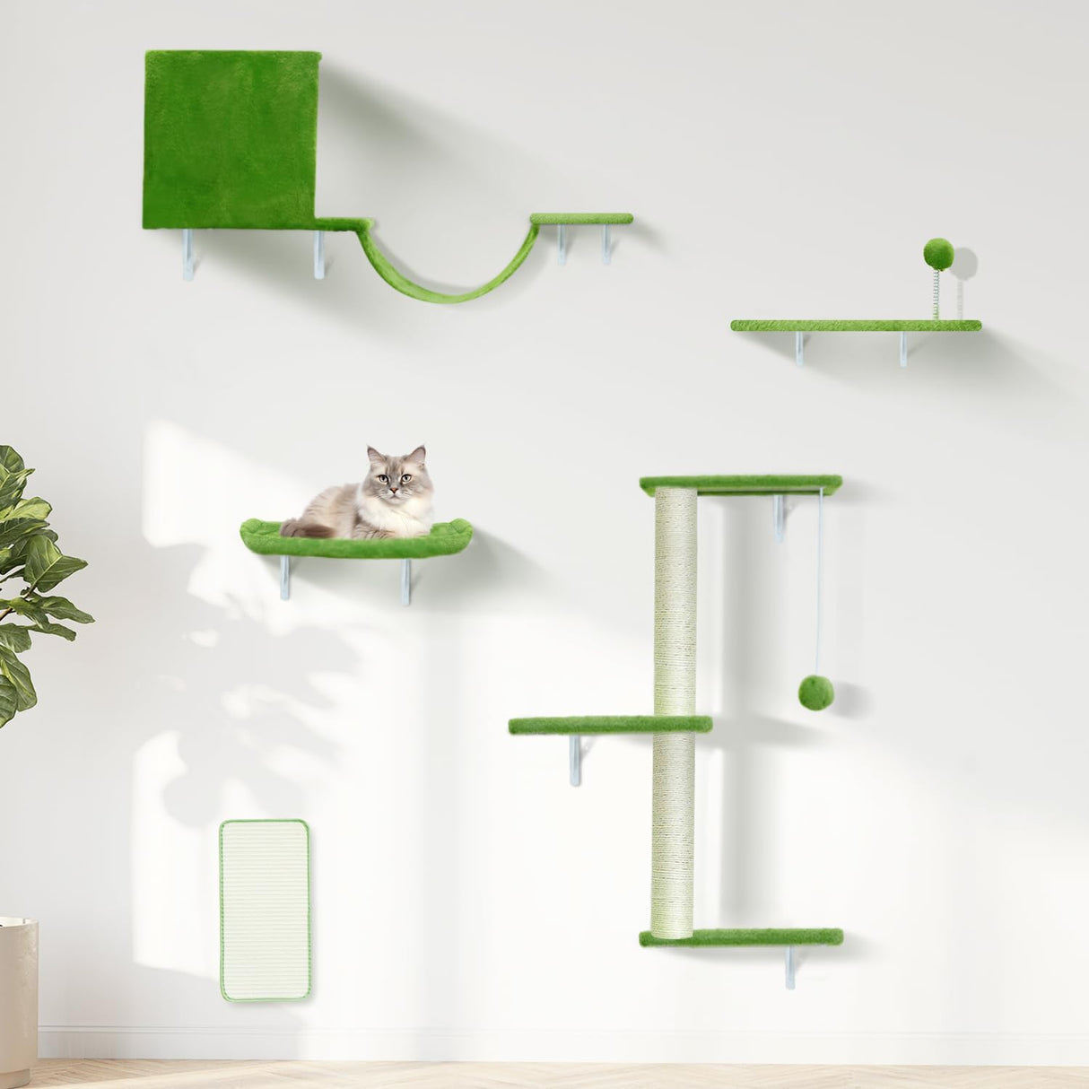 iSawSee Cat Wall Shelves-Cat Wall Furniture 5 in 1 Stable & Safe, Wooden Climbing with Natural Sisal Scratching Post, with Scratching Post, Bridge and Bed,cat Scratching Board iSawSee