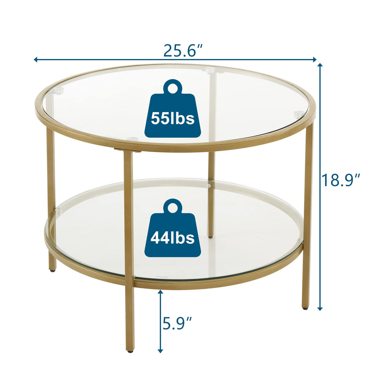 VINGLI Glass Coffee Table, 25.6" Round Champagne Gold Coffee Tables for Living Room, 2-Tier Glass Top Coffee Table with Storage Clear Coffee Table, Simple & Modern Center Table for Small Space VINGLI