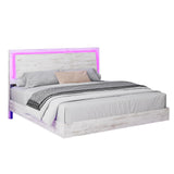 LUXOAK Full Size Floating Platform Bed Frame with LED Light, Farmhouse Bed Frame with Headboard/No Box Spring Needed/Noise Free/Easy Assembly, Distressed White LUXOAK