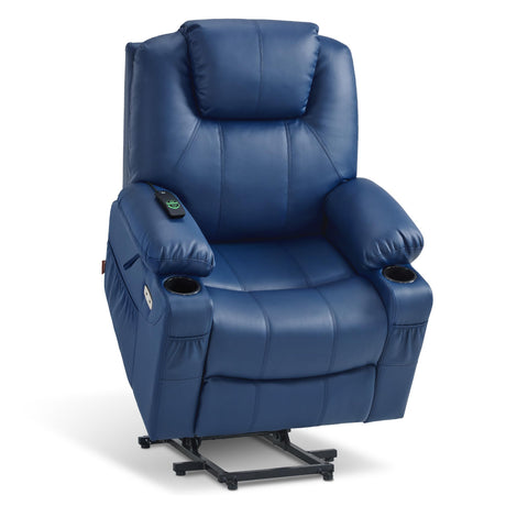 MCombo Electric Power Lift Recliner Chair Sofa with Massage and Heat for Elderly, 3 Positions, 2 Side Pockets, and Cup Holders, USB Ports, Faux Leather 7040 (Blue, Medium) MCombo