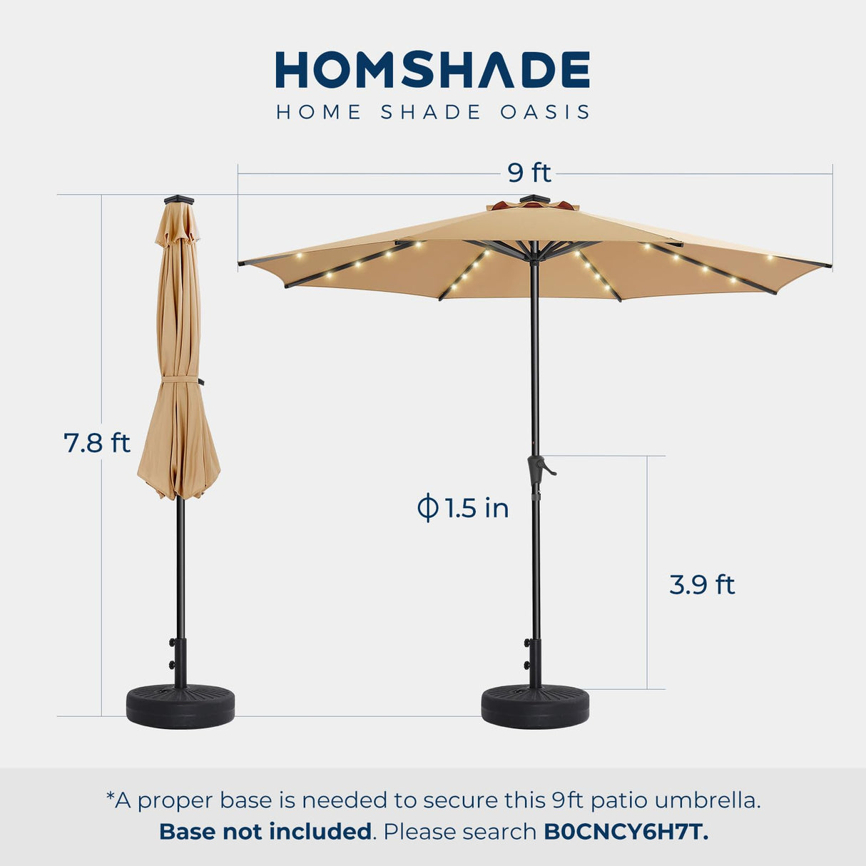 HOMSHADE 10ft Solar Patio Umbrella - Solar Lights LED Lighted Outdoor Market Table Umbrella, UPF50+ UV Protection with Push Button Tilt, Crank for Pool Deck and Garden (Beige) HOMSHADE