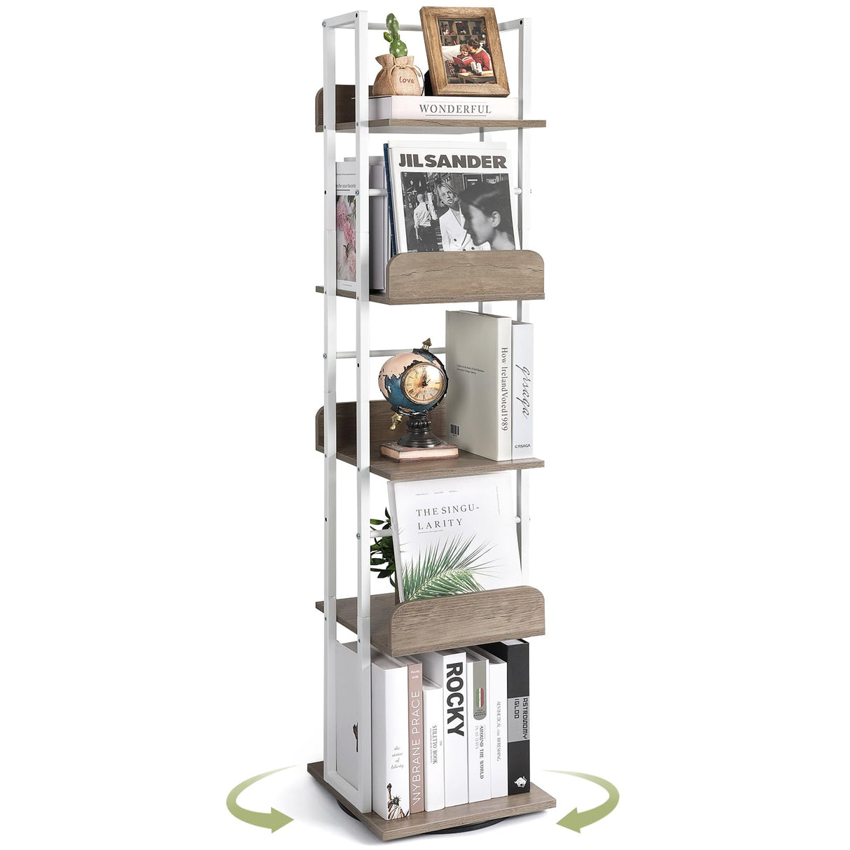 Bikoney 5-Tier Rotating Bookshelf Tower - Tall Industrial White Bookcase for Corners and Small Spaces Bikoney