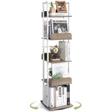 Bikoney 5-Tier Rotating Bookshelf Tower - Tall Industrial White Bookcase for Corners and Small Spaces Bikoney