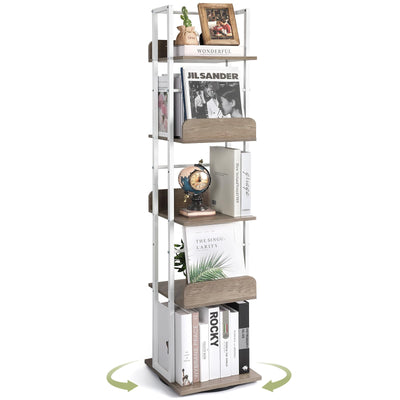 Bikoney 5-Tier Rotating Bookshelf Tower - Tall Industrial White Bookcase for Corners and Small Spaces