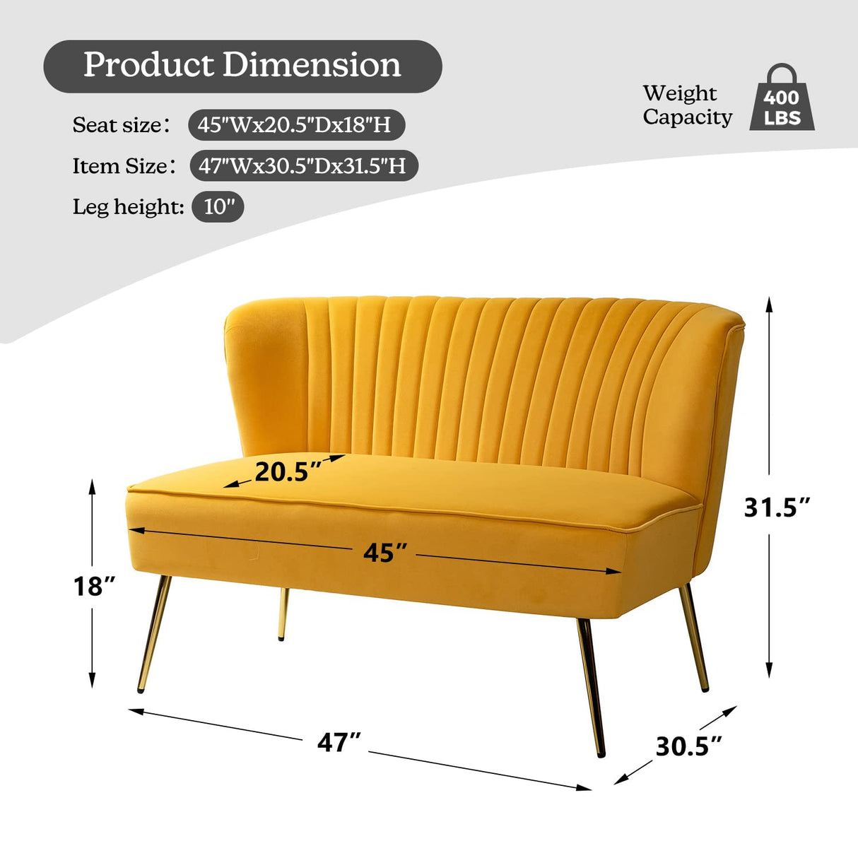 Tina's Home Mid-Century Velvet Loveseat Sofa, Upholstered Loveseat Couch with Golden Metal Legs, Small Tufted 2-Seat Sofa Armless Love Seat for Living Room, Bedroom, Apartment Small Spaces, Mustard TINA'S HOME