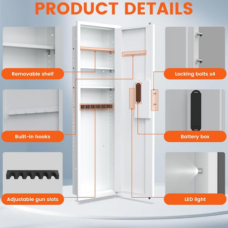 53" Tall Hidden Wall Safe with Fingerprint Lock - Fireproof & Waterproof, Dual Alarm System, 3 Adjustable Shelves, Magnetic Slot & Key Hooks - Modern White Steel Construction opentiny