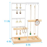 Jewelry Organizer Stand, Jewelry Holder, Lengnoy 4 Tier Earring Holder with 48 Holes and 6 Hooks Necklace Organizer Wood Box for Necklace Bracelet Earring Ring, White lengnoyp