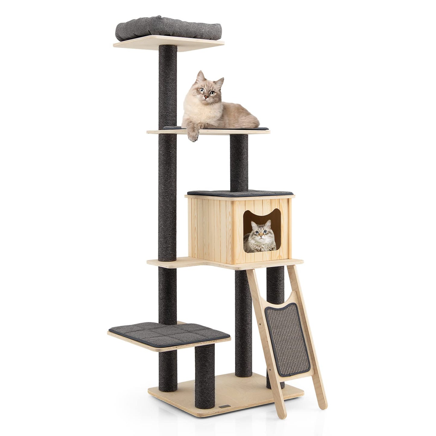 PETSITE 69" Tall Wooden Cat Tree Tower, Modern Cat Activity Center Tree with Sisal Posts & Scratch Board, Condo & Top Perch for Kitchen & Large Cat, Grey - WoodArtSupply