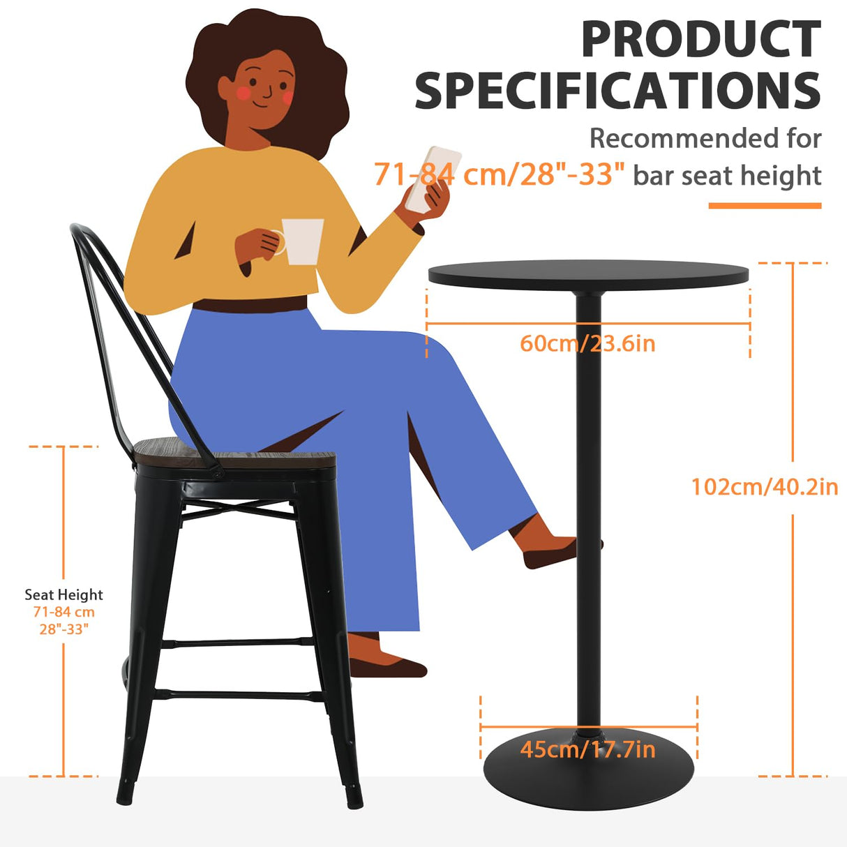 Tall Bar Table Cocktail Table Drink Table With Metal Base, 40" High Top Table 23.6 In MDF Top Pub Table Bar Height Table Bistro Table Round Table Drink Tables for Small Spaces Home, Wood, Black BORGEBY