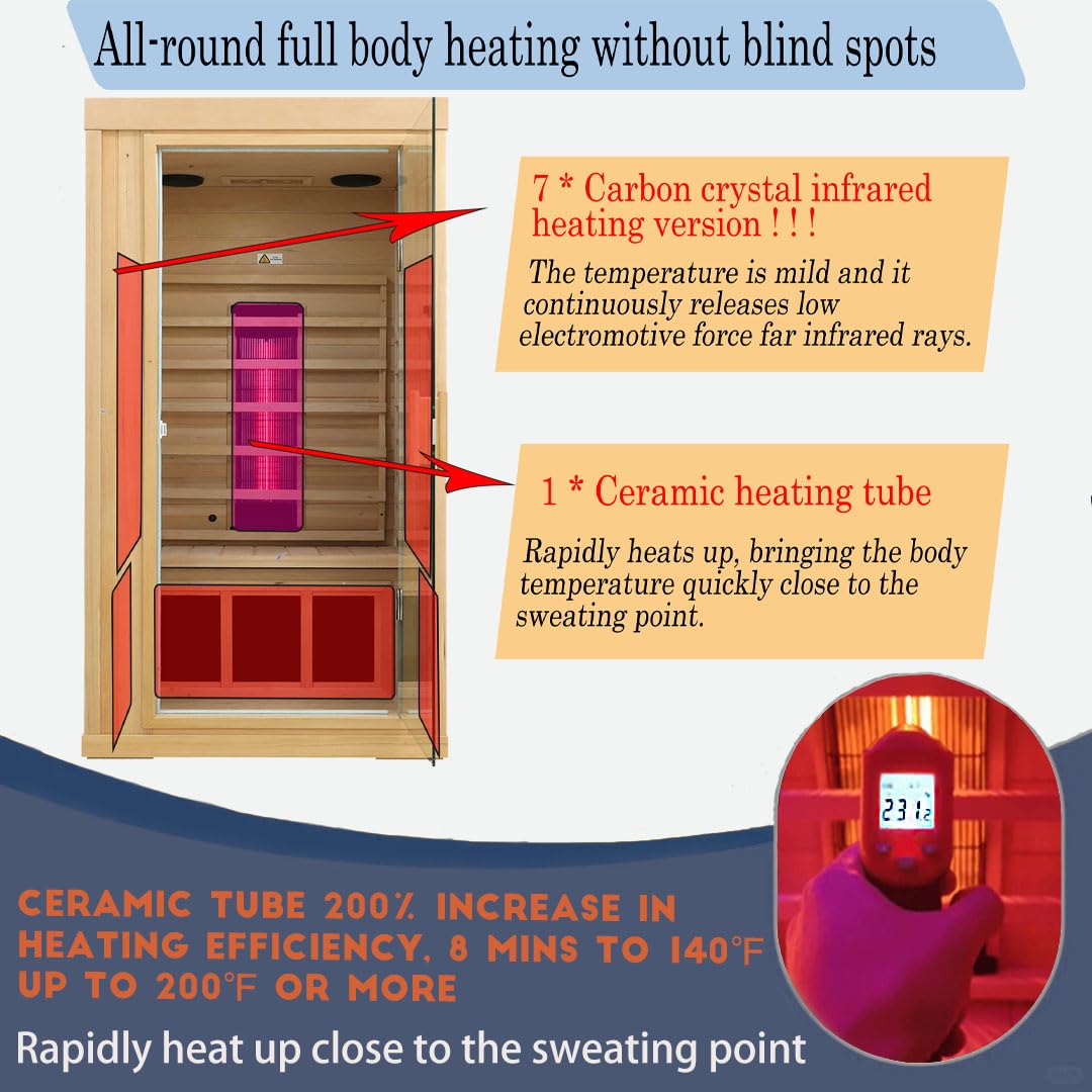 KUNSANA Ceramic Infrared Sauna, 1 Person Infrared Sauna, Hemlock Wood Home Sauna Spa, Far Infrared Sauna Indoor, Low EMF Infrared Saunas for Home with Smart Display, Bluetooth Speaker,1,240 watt KUNSANA