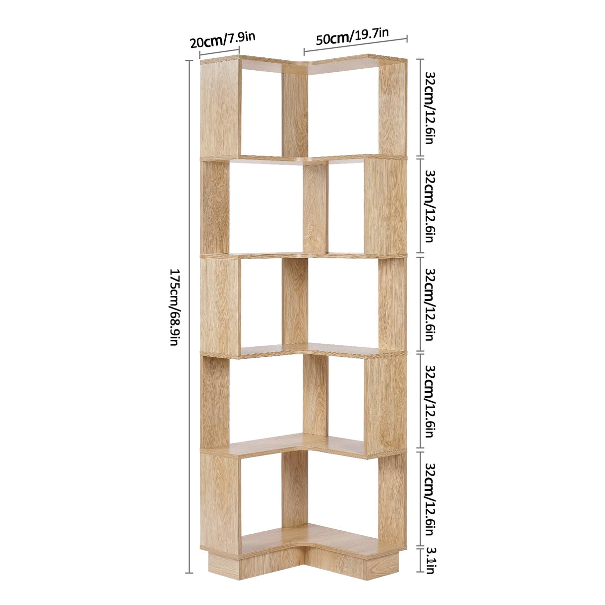 GOOFCXO Corner Bookshelf, 5 Tiers Wooden Corner Bookcase 68.9" Tall Large Open Bookshelf L-Shaped Storage Display Rack with Fixture for Living Room Bedroom Study Office GOOFCXO