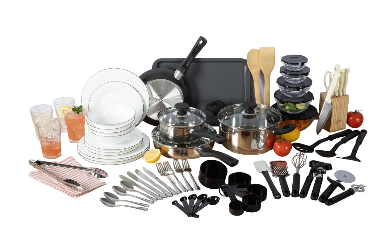 Gibson Home 74 Piece Kitchen in a Box Pots and Pans Cookware, Plates and Bowls Dinnerware, Cutlery Knife Block, Flatware Utensils, Kitchen Tools & Gadgets, Kitchen Storage, Glasses Set