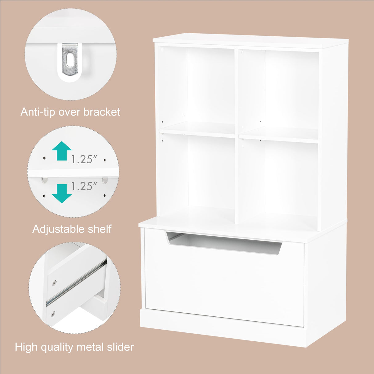 UTEX Kids Bookshelf and Toy Storage Organizer, Toddlers Bookcase with Cubbies, Adjustable Wood Shelf with Drawer for Bedroom, Playroom, Nursery, White UTEX