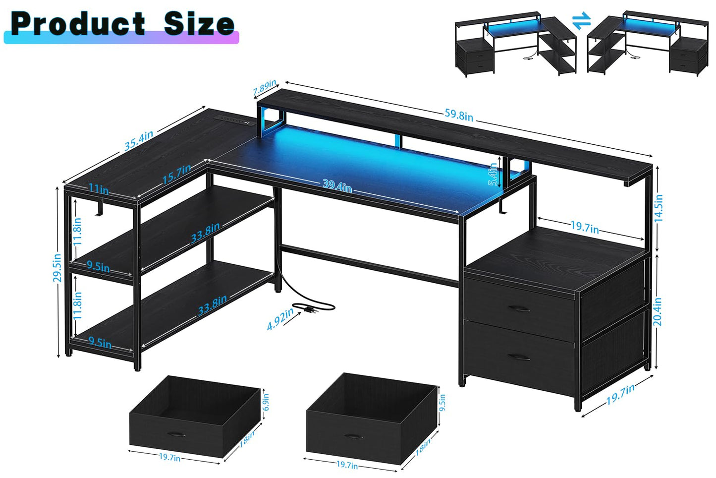 Bergoolin Black L-Shaped Gaming Desk with LED Lights, Power Outlets, and Ample Storage - WoodArtSupply