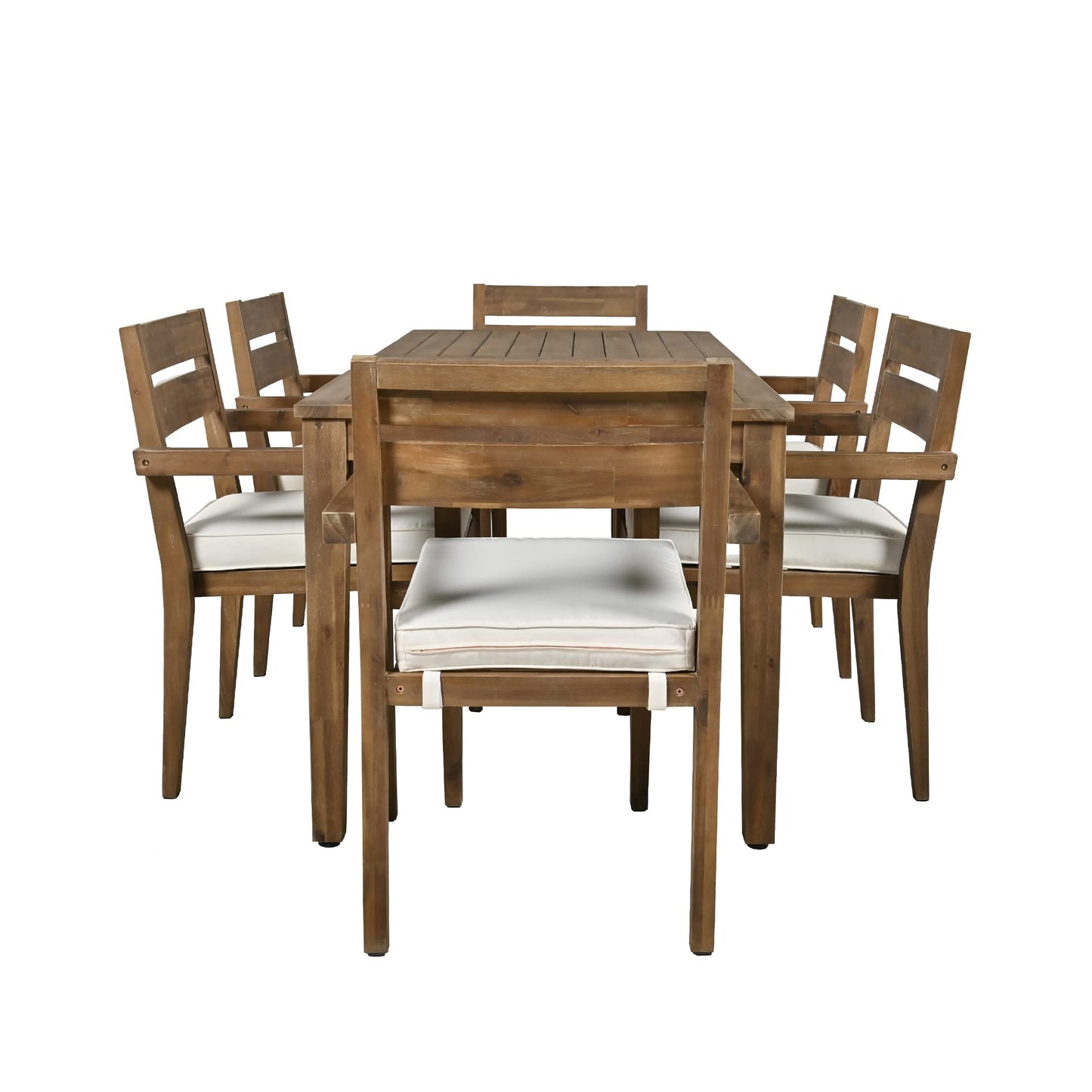 Quarte Farmhouse 7 Piece Acacia Wood Outdoor Dining Table Set with 1 Rectangular Table and 6 Upholstered Chairs,for Patio Lawn Garden Backyard Balcony (Burly Wood&H) - WoodArtSupply