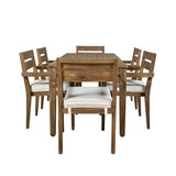 Quarte Farmhouse 7 Piece Acacia Wood Outdoor Dining Table Set with 1 Rectangular Table and 6 Upholstered Chairs,for Patio Lawn Garden Backyard Balcony (Burly Wood&H) Quarte