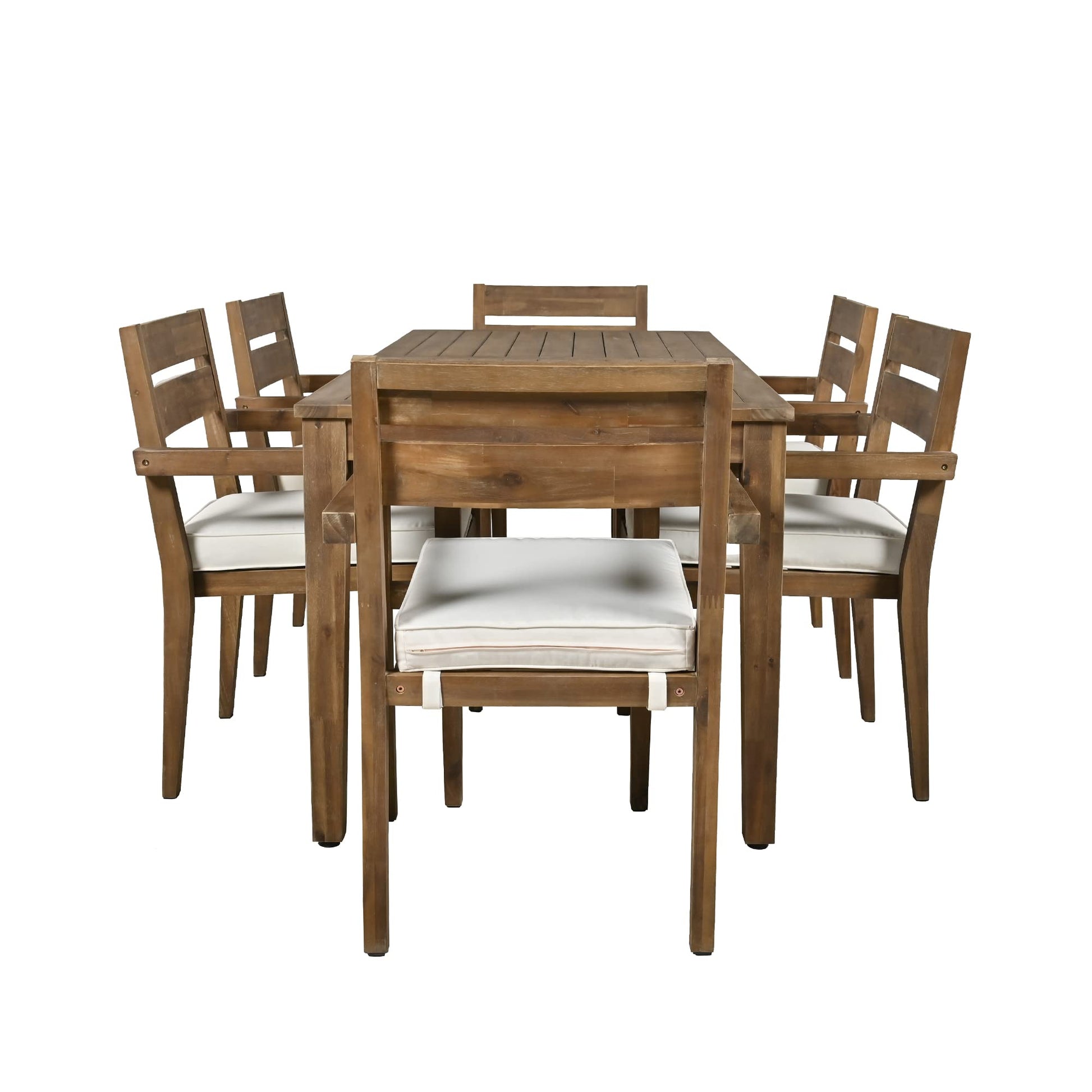 Quarte Farmhouse 7 Piece Acacia Wood Outdoor Dining Table Set with 1 Rectangular Table and 6 Upholstered Chairs,for Patio Lawn Garden Backyard Balcony (Burly Wood&H) - WoodArtSupply