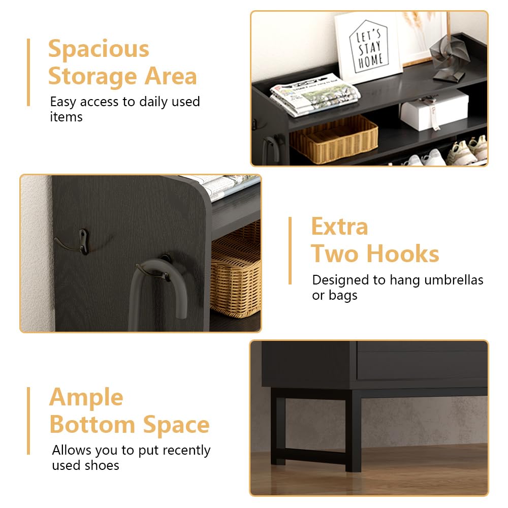 Shoe Cabinet with 2 Flip Drawers, Freestanding Hidden Shoe Storage Organizer for Entryway, Narrow Slim Shoe Rack Cabinet with Open Storage & Hooks for Front Door Entrance, Living Room, Hallway, Black Xixini