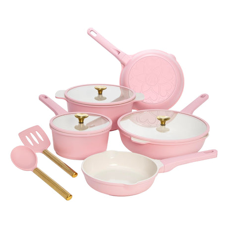 Paris Hilton Ceramic Nonstick Cookware Set, Cast Aluminum with Dual Layer Nonstick Coating, Gold Heart Knobs, Stay-Cool Handles, Made without PFAS, PFOA, PFOS & PTFE, Dishwasher Safe, 10-Piece, Pink Paris Hilton