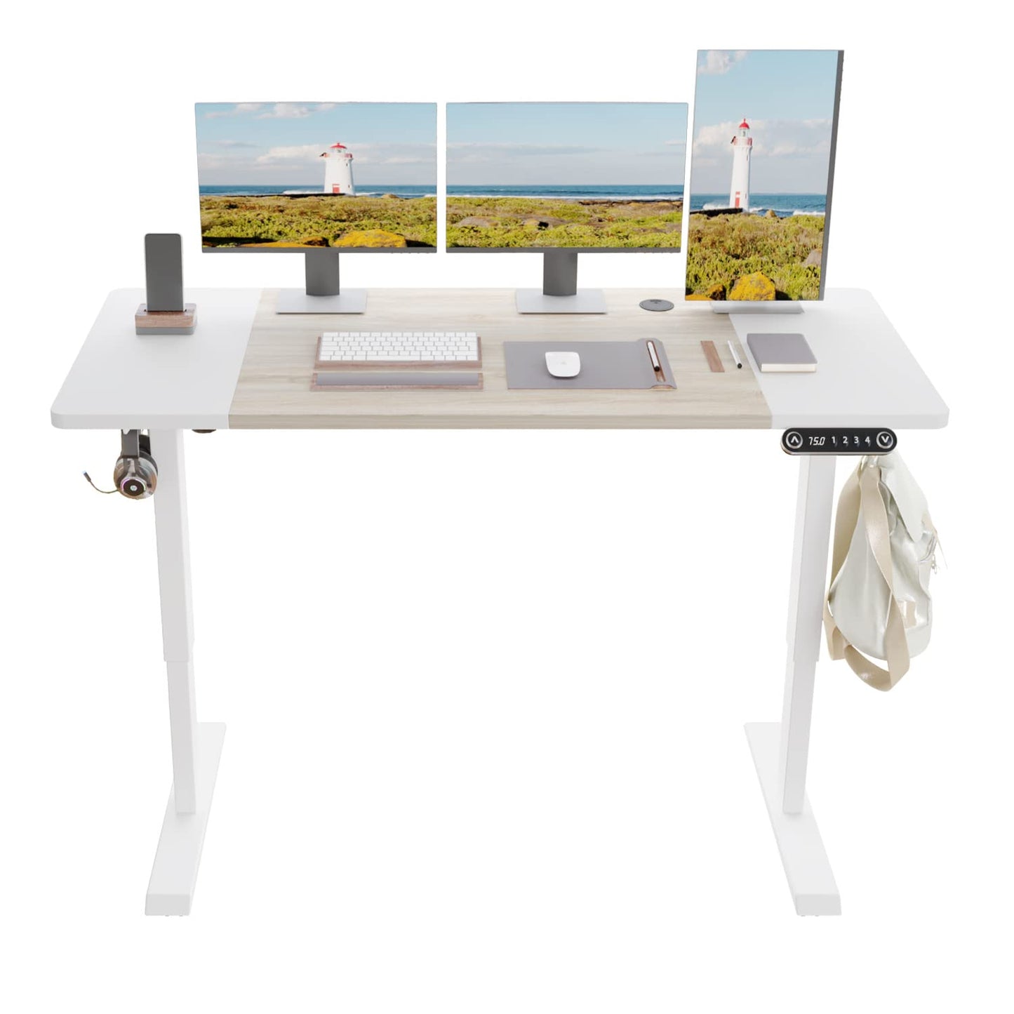 BUNOEM Height Adjustable Electric Standing Desk, 55X24 Height Stand Up Computer Desk,Sit and Stand Home Office Desk with Splice Board (White+Oak Top, White Frame) - WoodArtSupply