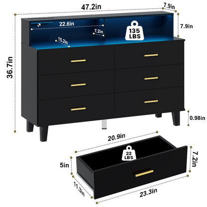 knoworld Black Dresser with LED Lights, 6 Drawer Dresser with Power Outlet for Bedroom, Large Wooden Chest of Drawers, Organizer Cabinet for Bedroom,Living Room,Hallway, Entryway