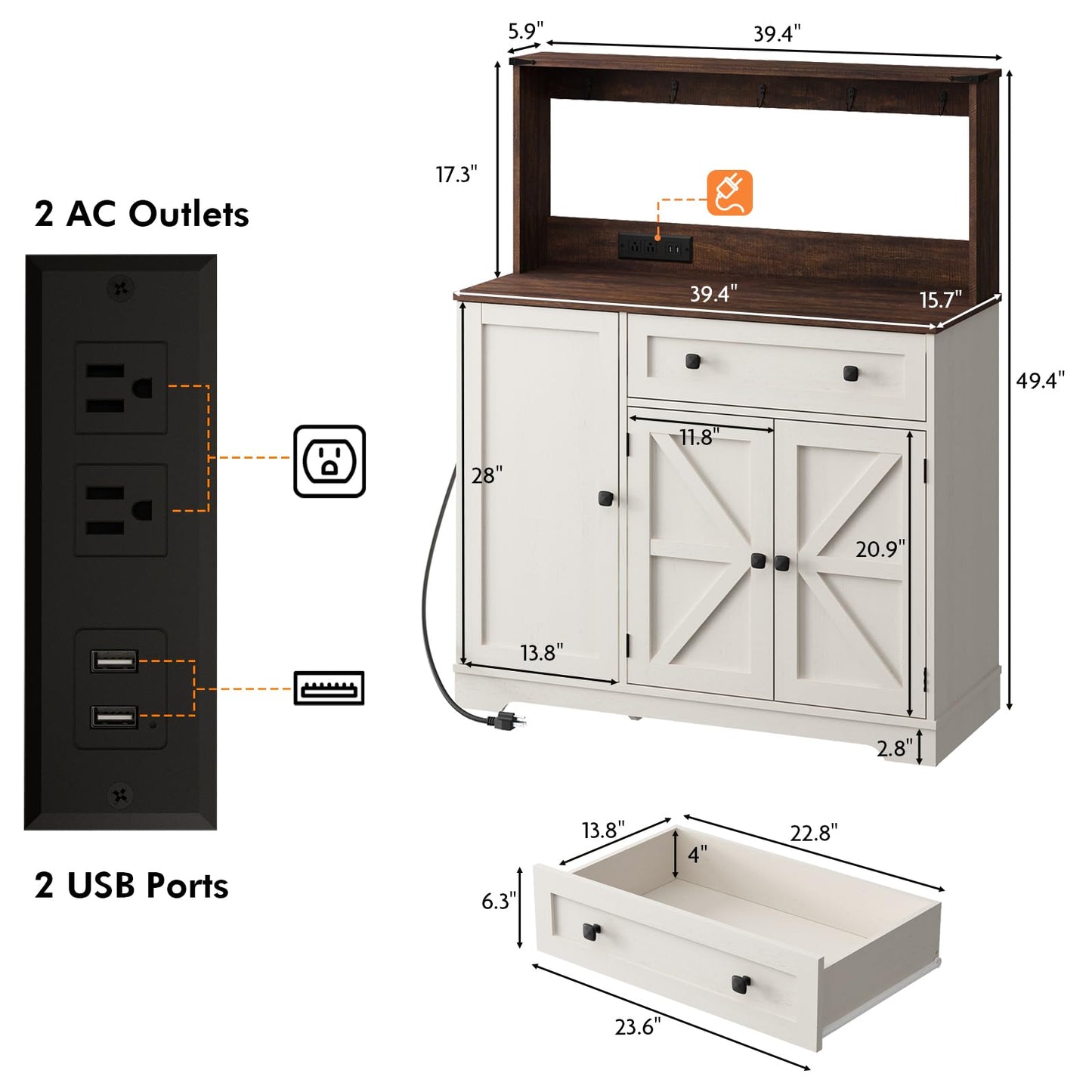 Wnutress Farmhouse Coffee Bar Cabinet with Drawer, 39" Kitchen Hutch Sideboard Buffet Cabinet with Charging Station and Adjustable Shelves, Coffee Bar Storage Table for Living Room, Antique White