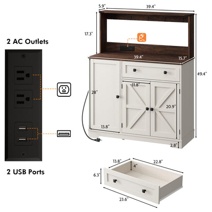 Wnutress Farmhouse Coffee Bar Cabinet with Drawer, 39" Kitchen Hutch Sideboard Buffet Cabinet with Charging Station and Adjustable Shelves, Coffee Bar Storage Table for Living Room, Antique White