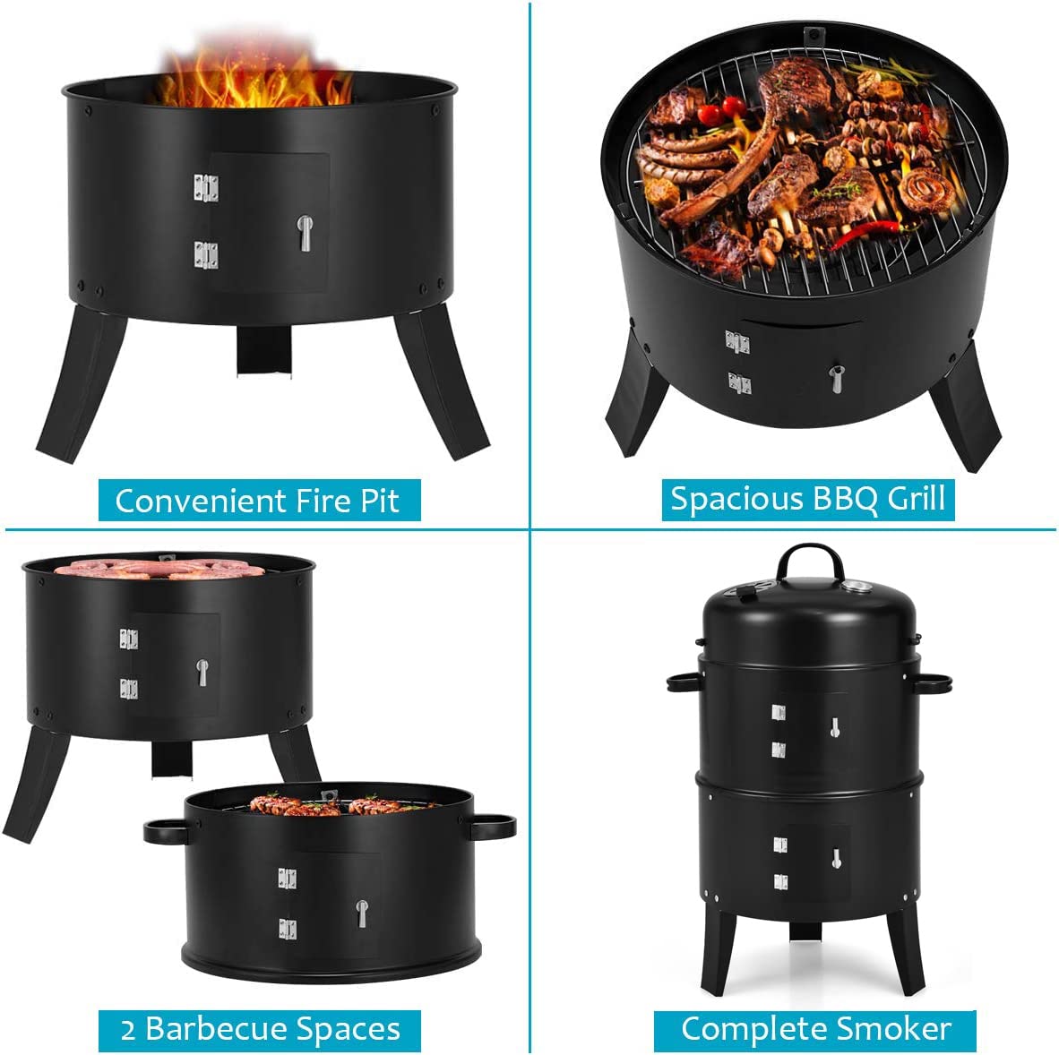 Giantex 3-in-1 Charcoal BBQ Smoker, Outdoor Grill Cooker with Built-in Thermometer and 6 Hooks for Outdoor Backyard Cooking Grilling Camping Giantex