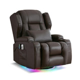 URRED Rocker Recliner Chair for Adults with Vibrating Massage and Heat, 270° Swivel Glider Rocking Chair Nursery Power Reclining Sofa with Ambient Lighting, Cup Holders, Faux Leather, Dark Brown URRED