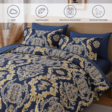 WONGS BEDDING Blue Gold Comforter Set King Size, Damask Texture 7 Pieces Bed in a Bag Microfiber Comforter Bedding Sets -1 Comforter, 1 Flat Sheet, 1 Fitted Sheet, 2 Pillow Shams, 2 Pillowcases WONGS BEDDING