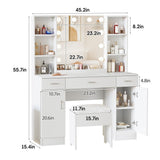Vabches Vanity with Lighted Mirror, Large Vanity Desk Makeup Vanity Table Set with Comfortable Bench and Side Cabinets, Lots Storage, 45.2inch, White Vabches