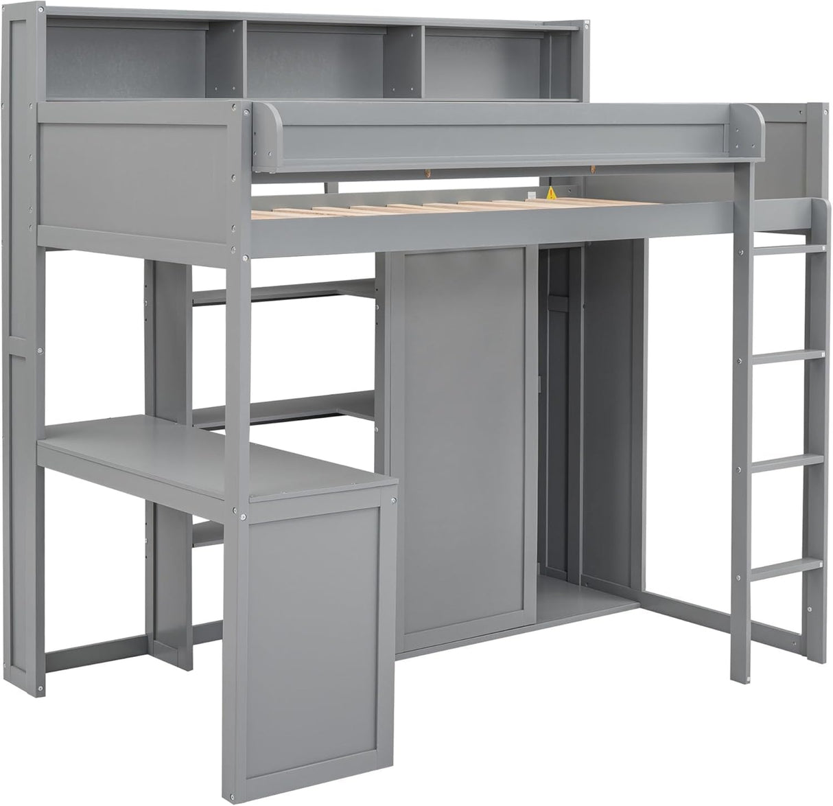 MERITLINE Twin Loft Bed with Desk and Storage Wardrobe & Shelves, Solid Wood Loft Bed Frame with Storage Shelves Bookcase Bookshelf for Teens Adults (Gray,Twin) MERITLINE