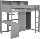 MERITLINE Twin Loft Bed with Desk and Storage Wardrobe & Shelves, Solid Wood Loft Bed Frame with Storage Shelves Bookcase Bookshelf for Teens Adults (Gray,Twin) MERITLINE