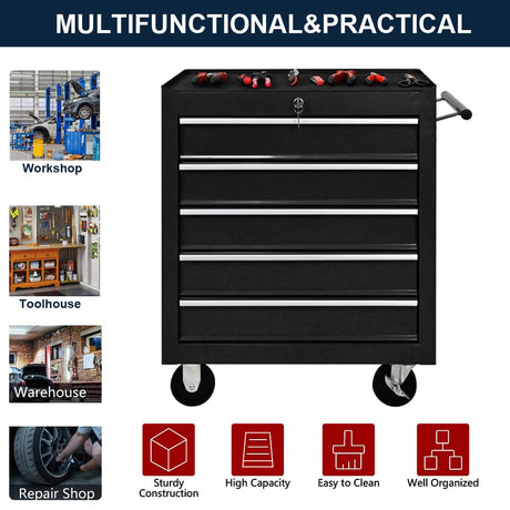 Tool Chest with Wheels,Metal Locking Rolling Tool Box with Tool Organizer Trays for Tool Storage Organizer,Garage,Portable Standing Mechanic Toolbox for Garage (5 Drawer Tool Box Black, 5 Drawer) BouPower
