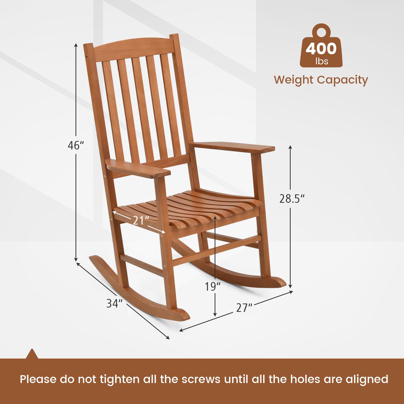 Tangkula Patio Rocking Chair with 400 lbs Weight Capacity, Eucalyptus Wood Porch Rocker with High Back, Patio Rocker Chair for Indoor and Outdoor Use (1) - WoodArtSupply