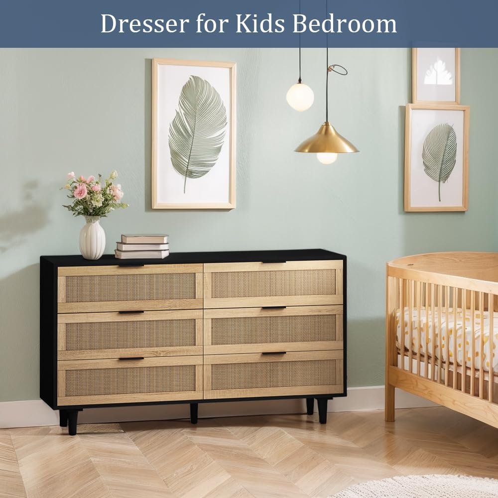 NTYUNRR 51.18" Black Rattan Dresser, 6 Drawer Double Dresser for Bedroom, Wooden Dresser Chest of Drawers, Modern Large Closet Boho Dressers Storage Cabinet, for Living Room Hallway Entryway, M NTYUNRR