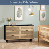 NTYUNRR 51.18" Black Rattan Dresser, 6 Drawer Double Dresser for Bedroom, Wooden Dresser Chest of Drawers, Modern Large Closet Boho Dressers Storage Cabinet, for Living Room Hallway Entryway, M NTYUNRR