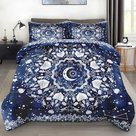 Pamnest Comforter Set Full Size, Sun Moon Astrology Vintage Soft Bedding for Kids and Adults, Starry Flower Blue Comforter Set with 2 Pillowcases for Bedroom Bed Decor Pamnest