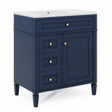 Jeffski 30" Floor Bathroom Vanity with Top Sink, Modern Bathroom Cabinet Vanities with 2 Drawers, Adjustable Shelf and A Tip-Out Drawer, Single Sink Combo Set Bathroom Vanity, Navy Blue Jeffski