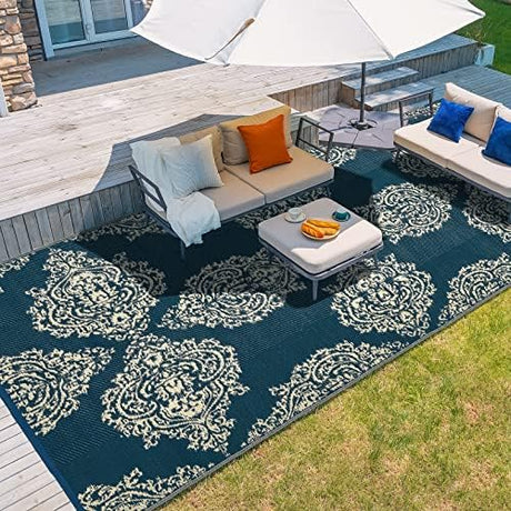 wikiwiki Outdoor Rug, 8x10ft Waterproof Reversible Mat Indoor Outdoor Rugs Carpet, Small Area Rug Plastic Straw Rug for Patio Deck Balcony Pool RV Camping Beach Picnic, Blue & Beige, Rugscape Series wikiwiki