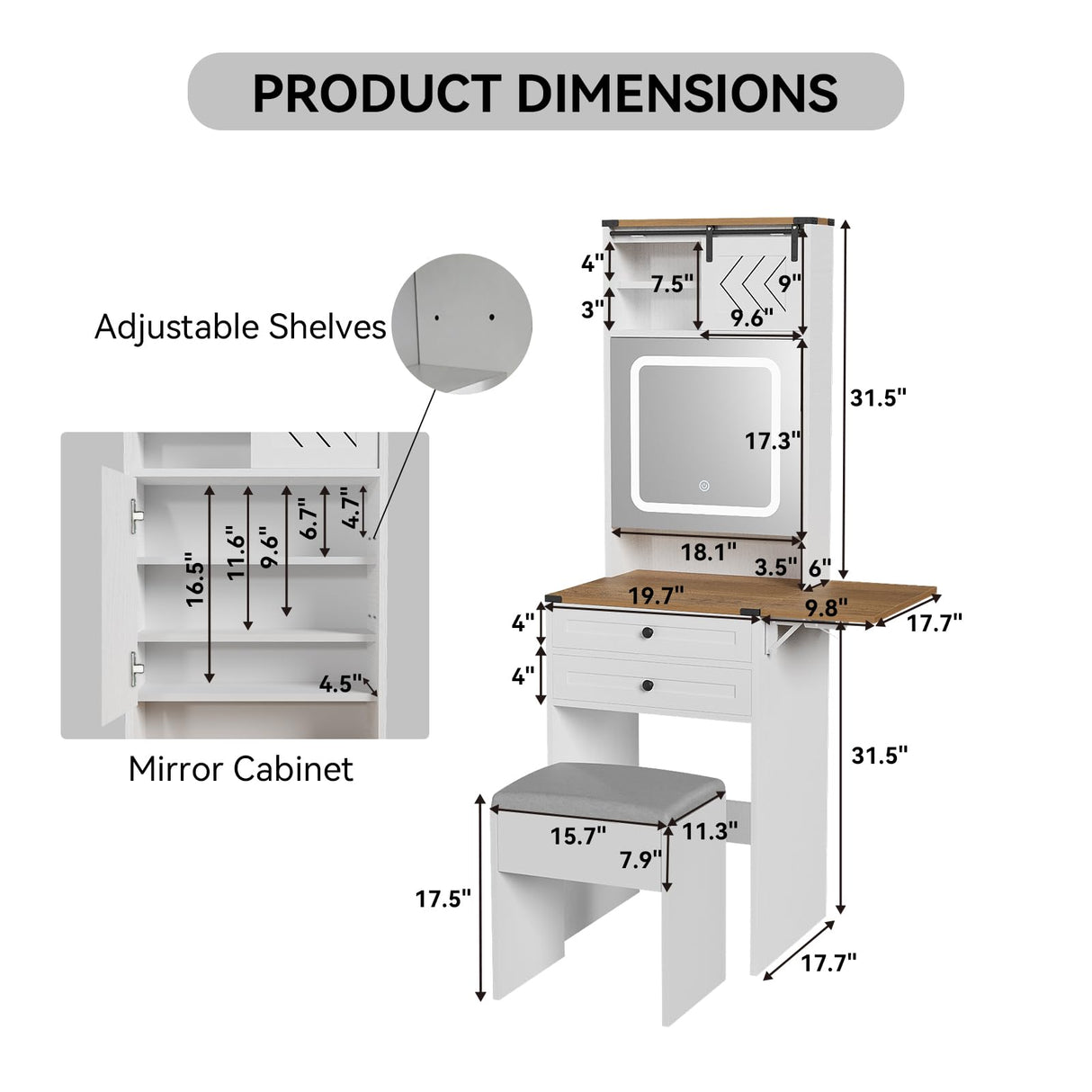 ARTETHYS Farmhouse Small Vanity Desk Set with Mirror Cabinet Compact Makeup Vanity Table with 3 Adjustable Lighted Mirror and Storage Chair for Small ARTETHYS