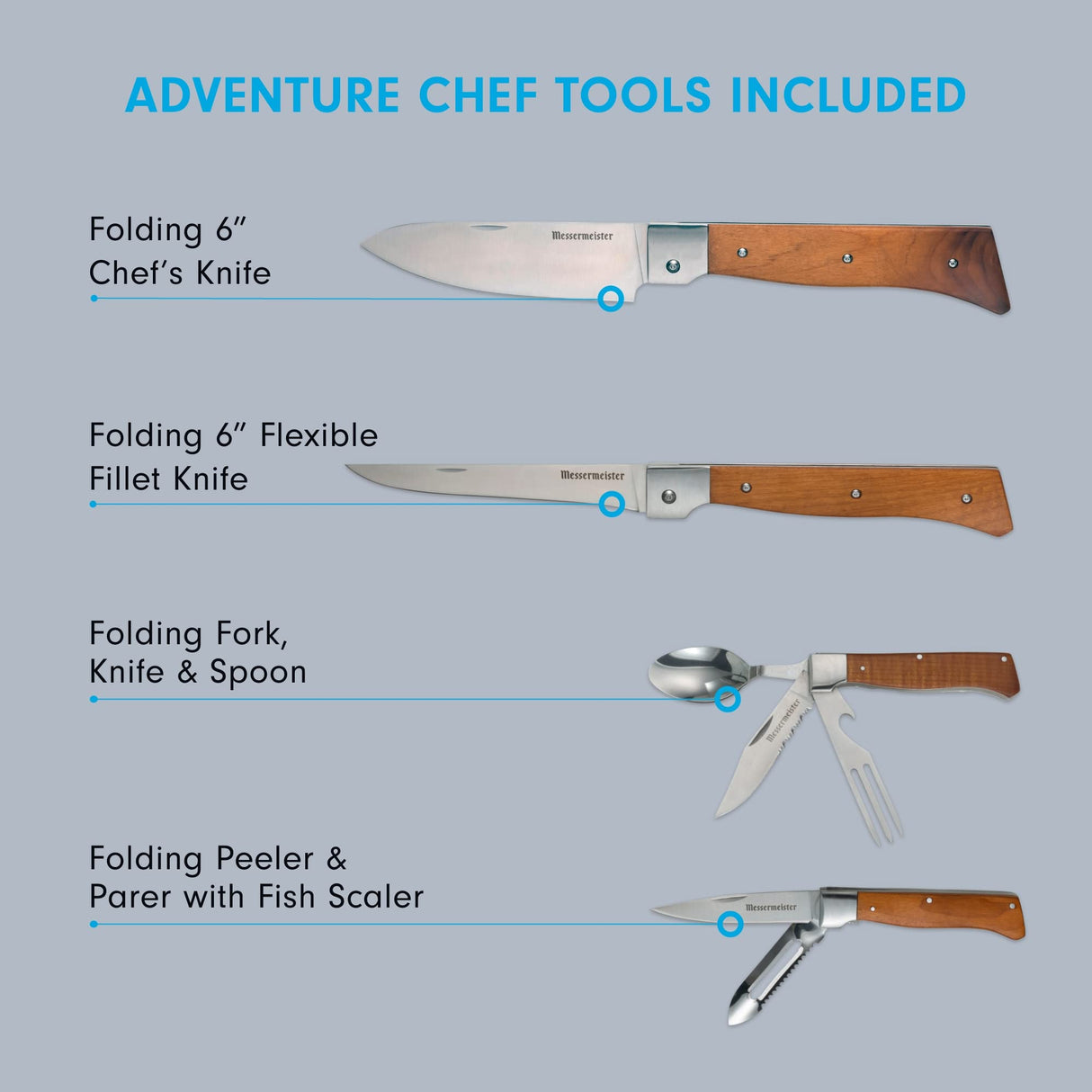 Messermeister Adventure Chef Summit Set, Carbonized Maple - Folding 6” Chef’s Knife, 6” Fillet Knife, Folding Steak Knife, Fork & Spoon, Folding Peeler & Parer, TPE Cutting Board + Waxed Canvas Case Messermeister