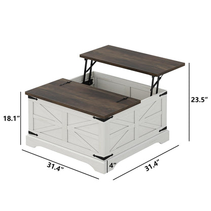 furomate Farmhouse Lift Top Coffee Table, Square Wood Center Table with Large Hidden Storage Compartment for Living Room, Rustic Cocktail White Modern Table with Hinged Lift Top, Brown Top - WoodArtSupply