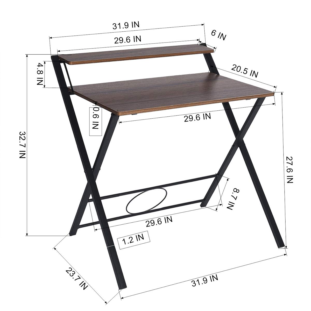 FurnitureR 31.9'' Folding Desk 2 Tier Foldable Writing Table Assembly Saves Space for Home Office Study, Metal Frames/Wood Top Laptop Table Computer Desk, Industrial Brown FurnitureR
