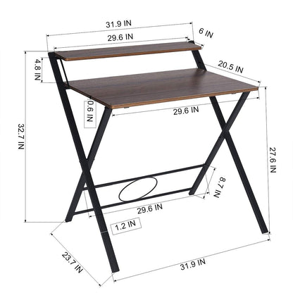 FurnitureR 31.9'' Folding Desk 2 Tier Foldable Writing Table Assembly Saves Space for Home Office Study, Metal Frames/Wood Top Laptop Table Computer Desk, Industrial Brown - WoodArtSupply