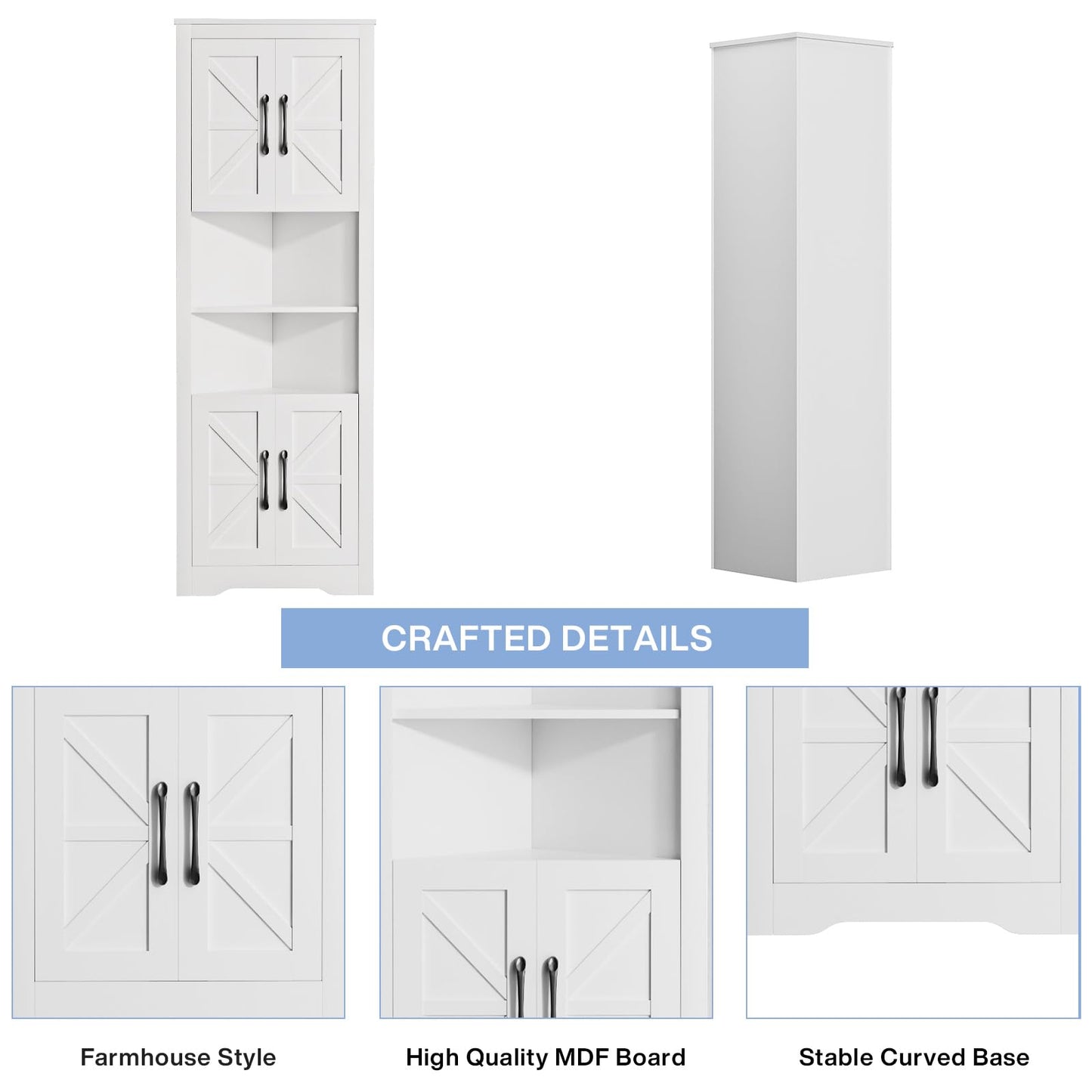 NOVAMAISON Corner Cabinet, 67” Tall Farmhouse Corner Storage Cabinet with Barn Door Design and Shelves, White Corner Bathroom Cabinet for Bathroom,